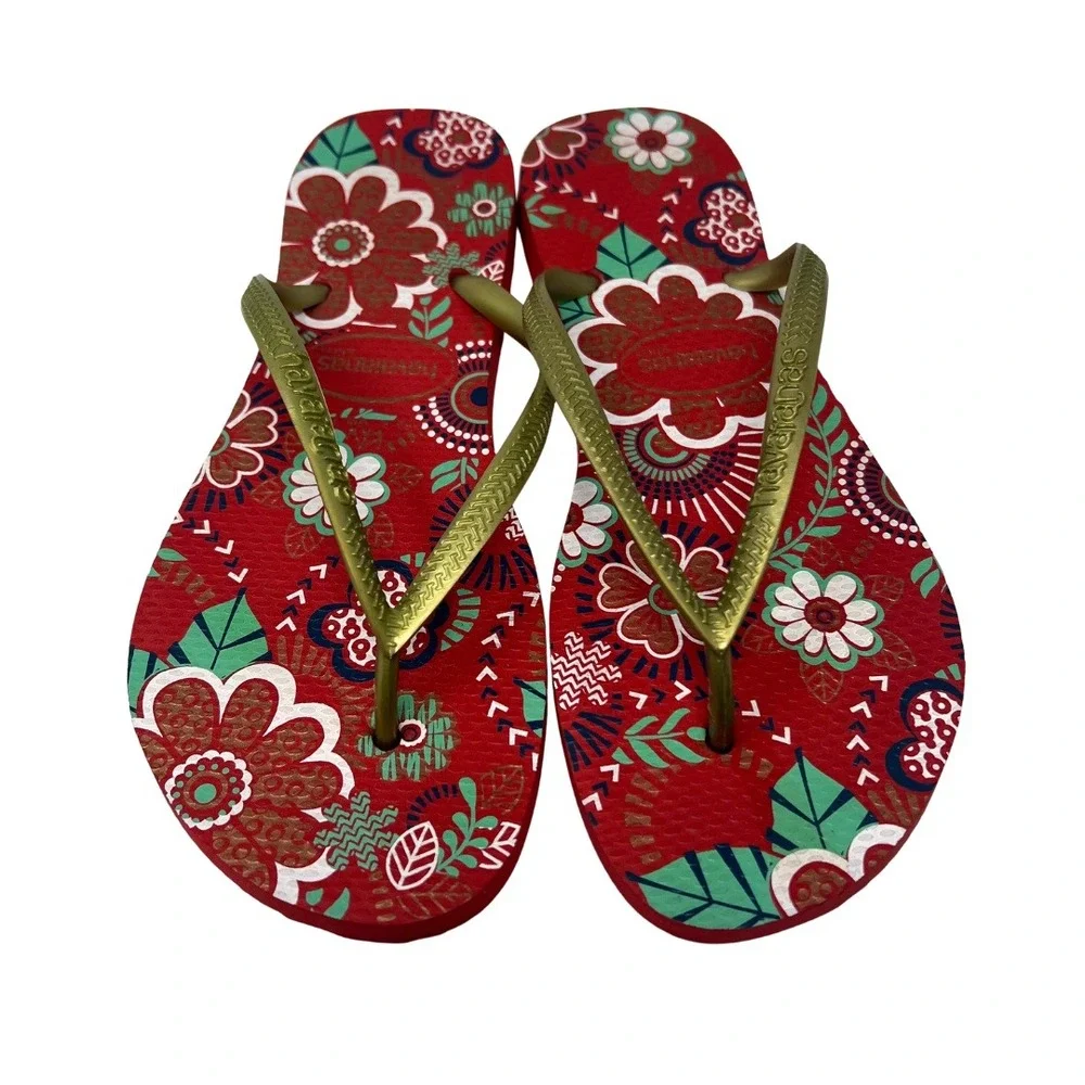 Havaianas Slim Flip Flops Women's US 6 EU 39/40 Red Floral‎ Gold Straps